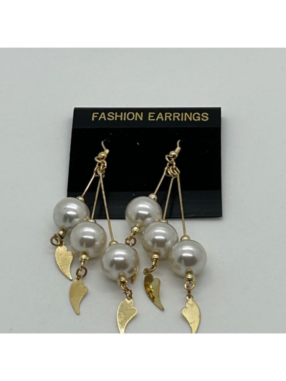Vintage Gold--tone Faux Pearl Dangle Earrings With Leaf Charms Statement 3.25 in - Picture 10 of 14